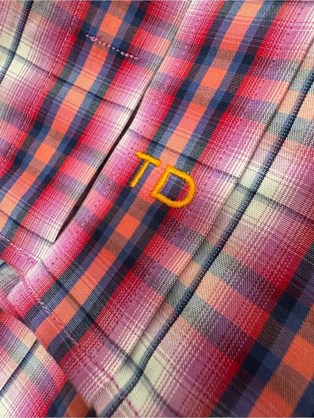 Thomas Dean Men’s L Pima Cotton Plaid Shirt Pink Orange Blue Button‑Down